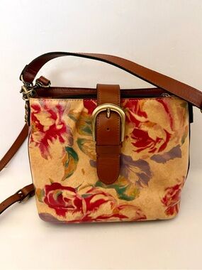 Patricia Nash Irving Crossbody Bucket Bag Leather Rare Rose Print Boho Hippie